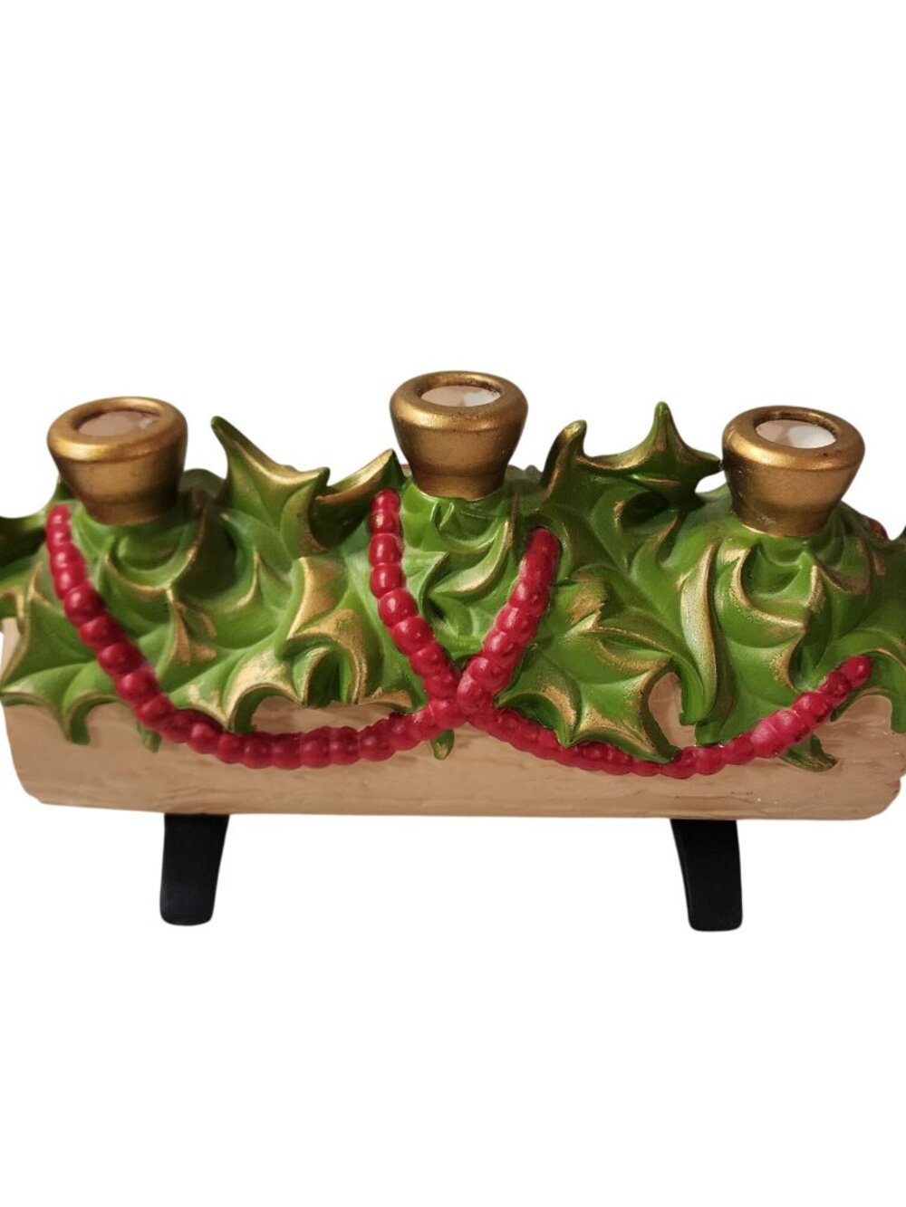 Vintage 1968 Atlantic Mold Ceramic Yule Log & Holly Candle Holder-Excellent